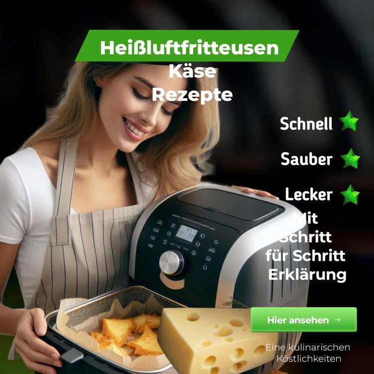 Eine Frau hält eine Käsebox und eine Heißluftfritteuse, bereit, Käse zuzubereiten.