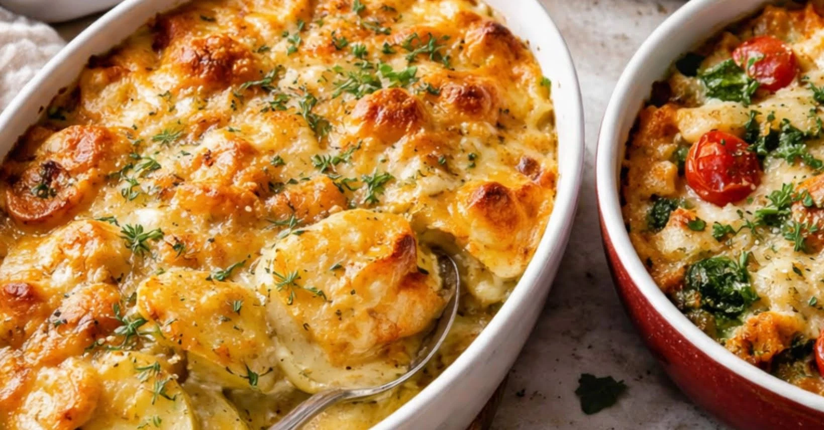 Appetitliche Draufsicht auf schmackhafte Aufläufe und Gratins aus der Heißluftfritteuse – goldbraun und perfekt für soziale Medien