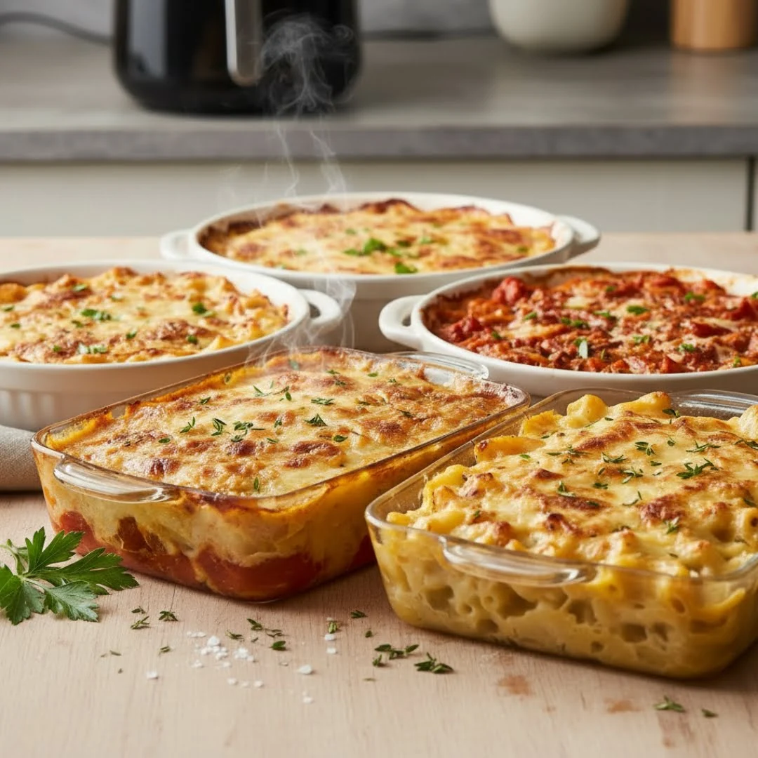 Ein goldbraunes Kartoffelgratin serviert in einer Keramikform, zubereitet in der Heißluftfritteuse