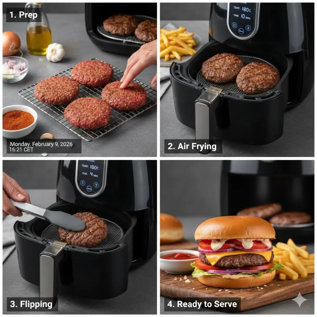 Burger Zubereitung raus der Heißluftfritteuse – goldbraun und perfekt für Instagram