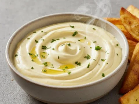 Aioli Dip in einer Schale mit Knoblauchzehen daneben
