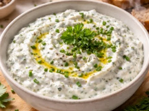 Veganer Kräuterquark in einer Schale mit frischen Kräutern