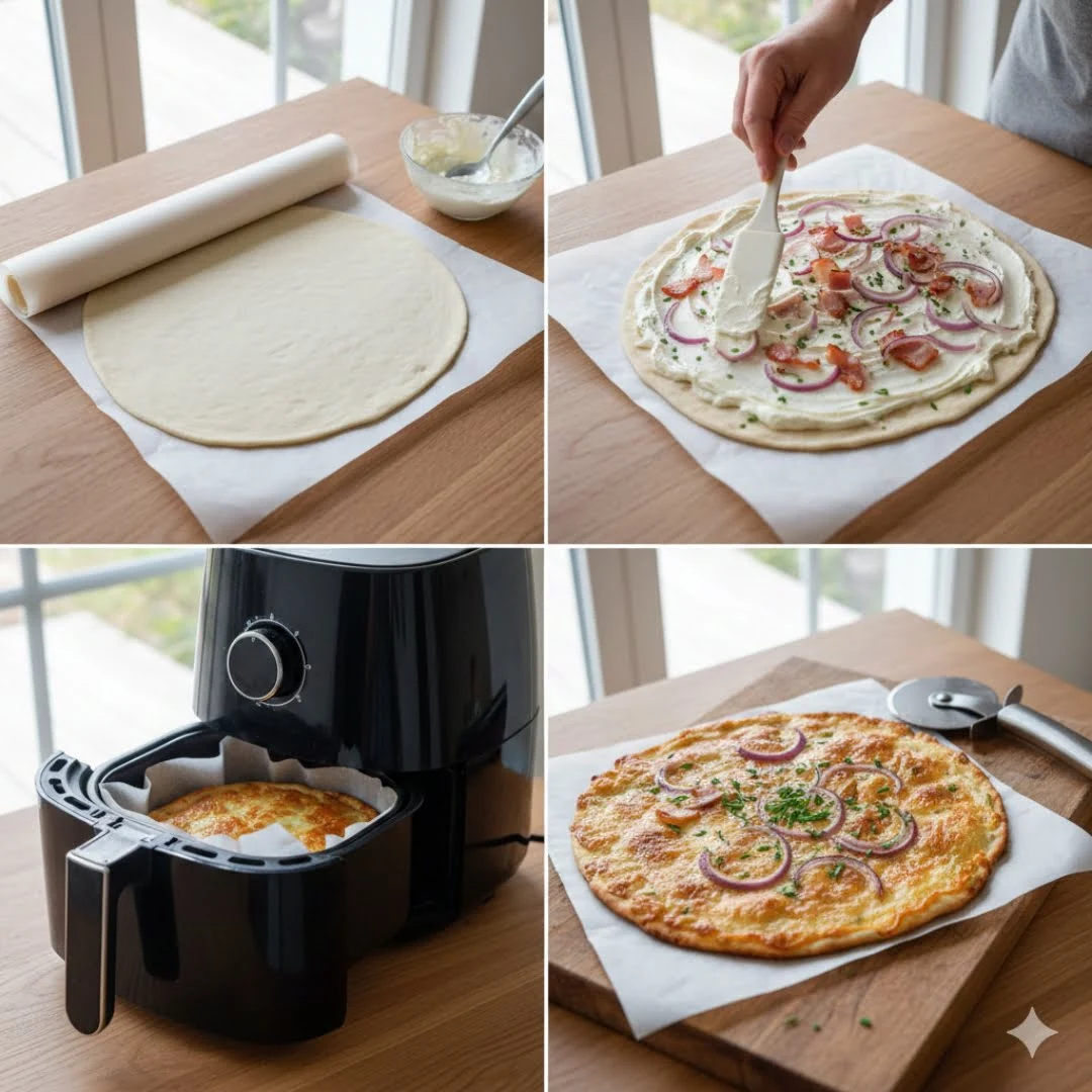 Flammkuchen, zubereitet in der Heißluftfritteuse