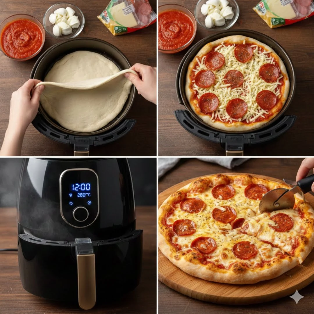 Pizza, zubereitet in der Heißluftfritteuse