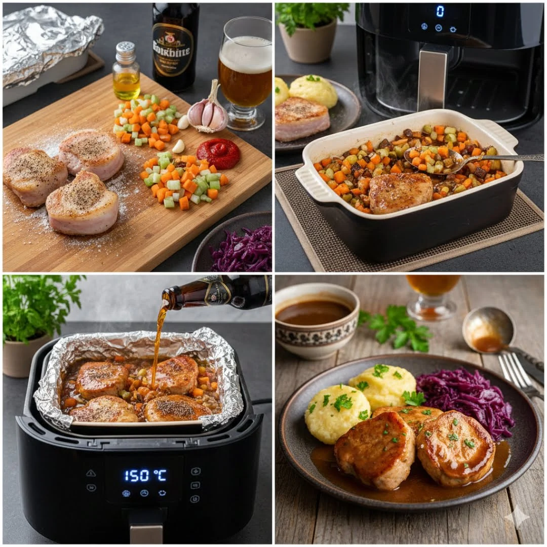Portionierte fränkische Schweinebäckchen in aromatischer Dunkelbiersoße aus dem Airfryer mit Kräutern garniert