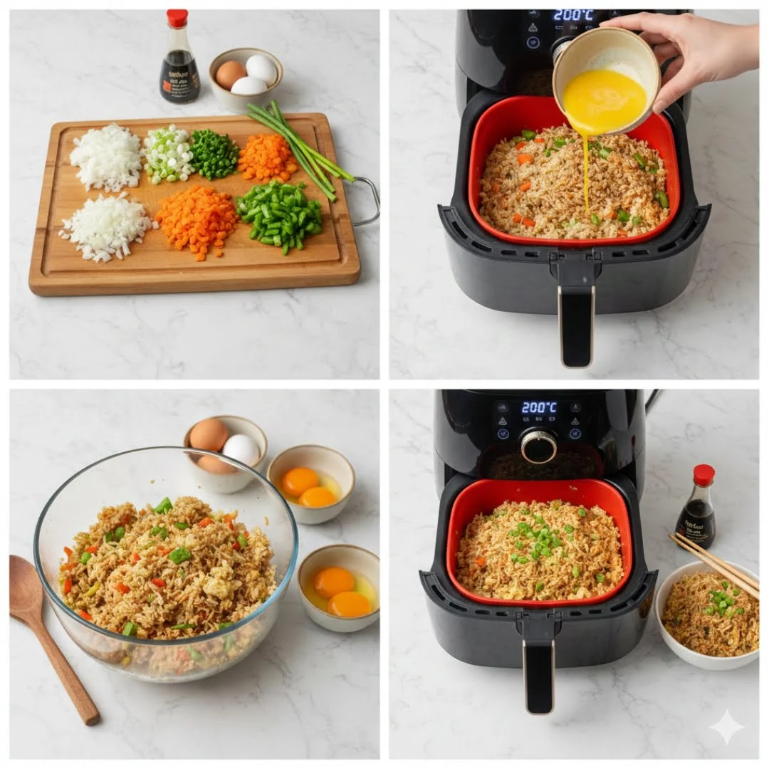 Vorbereiteter Reis mit buntem Gemüse in einer Schüssel - perfekt für die Zubereitung im Airfryer