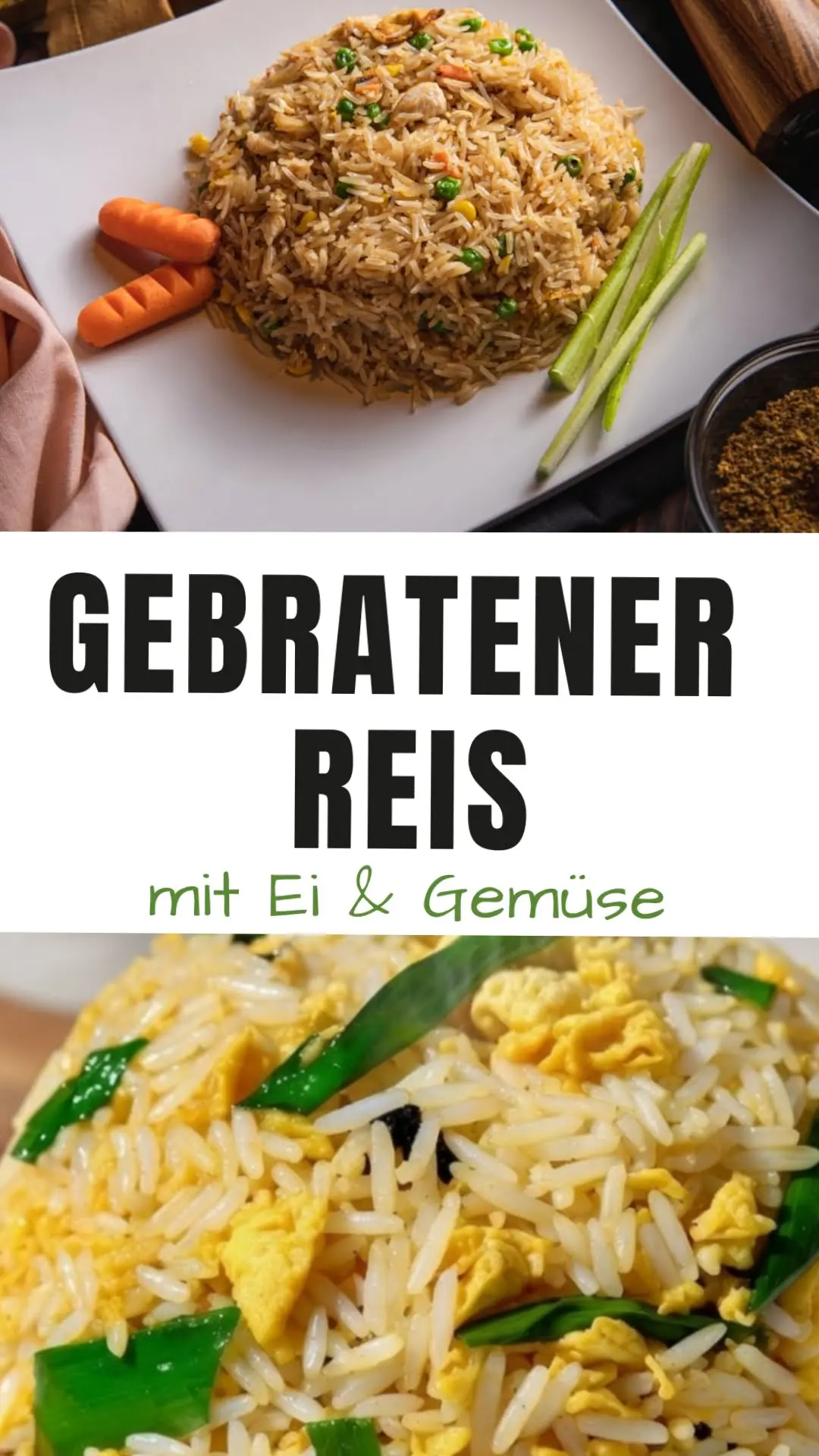 Appetitliche Draufsicht auf fertigen gebratenen Reis mit Ei aus der Heißluftfritteuse - perfekt für Instagram Stories und Social Media