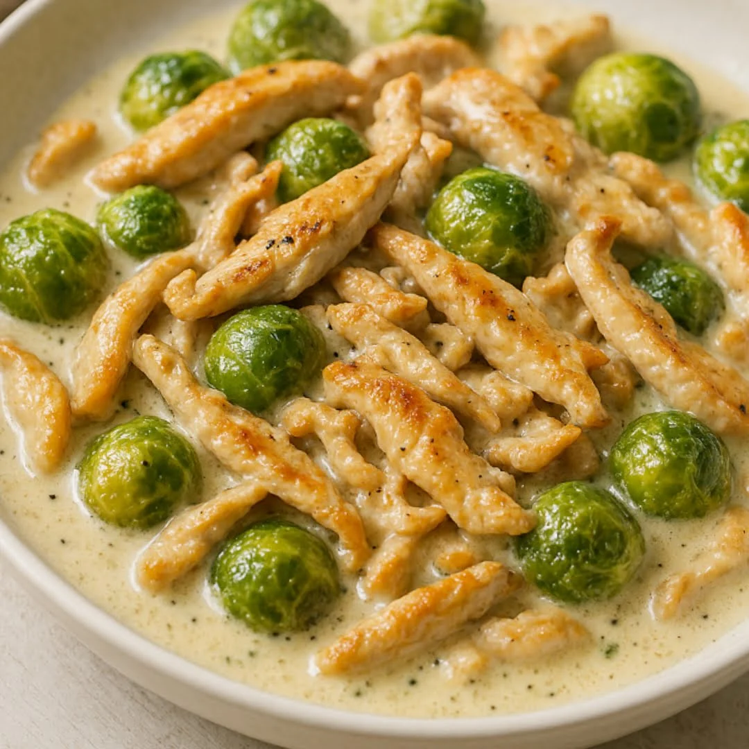 Hähnchenbrust-Geschnetzeltes mit halbiertem Rosenkohl in weißer Sahnesauce