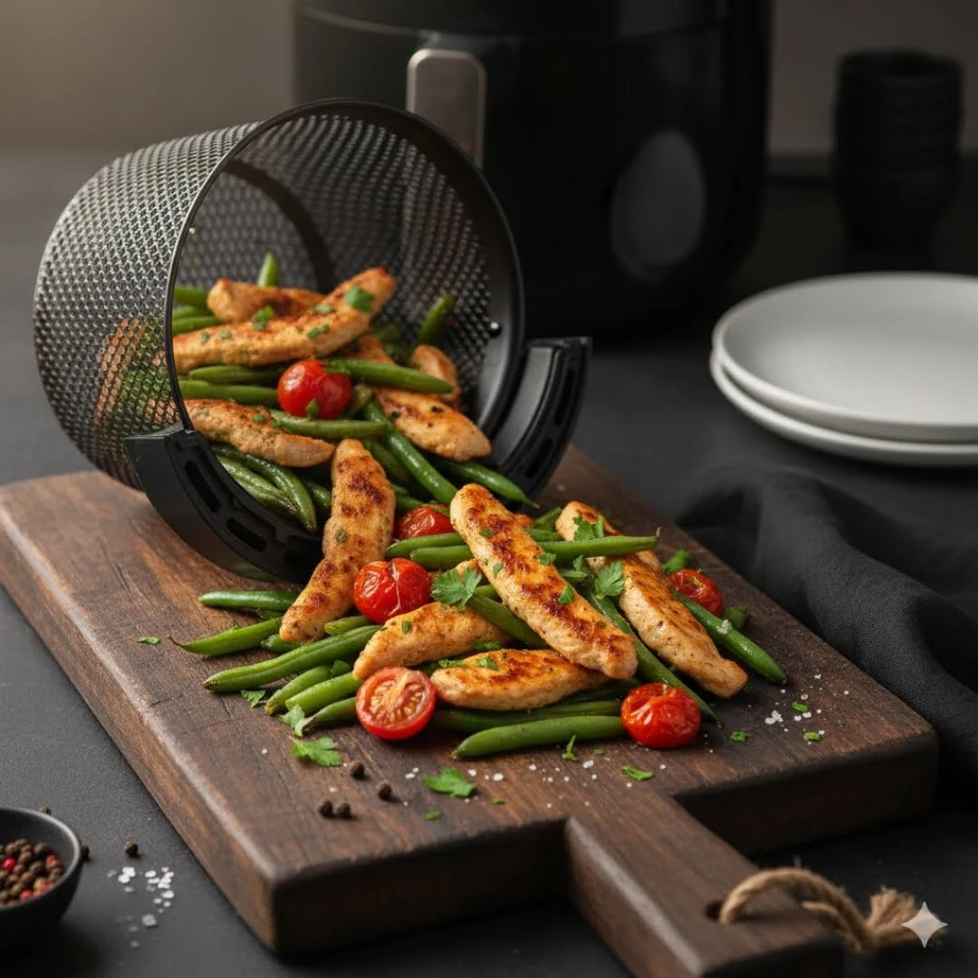 Nahaufnahme von Putengeschnetzeltem mit grünen Bohnen und Kirschtomaten frisch zubereitet in der Heißluftfritteuse