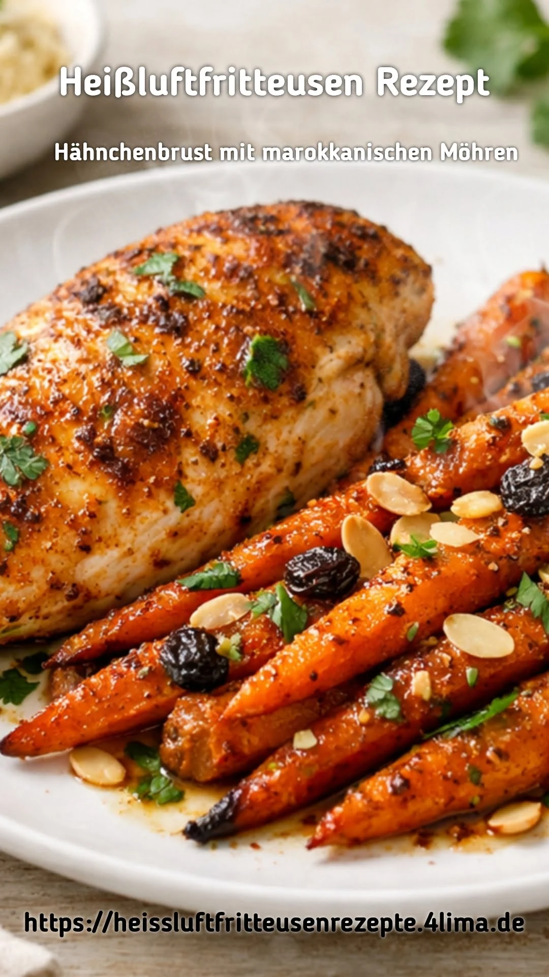 Ansprechende Präsentation des marokkanischen Hähnchens mit glasierten Möhrenstiften auf einem rustikalen Holzbrett - Perfekt für Instagram und Social Media