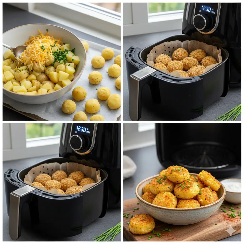 Knusprige Airfryer Käse-Kartoffel-Bites Schritt-für-Schritt Zubereitungsanleitung – Kartoffelmasse formen und mit Käse füllen