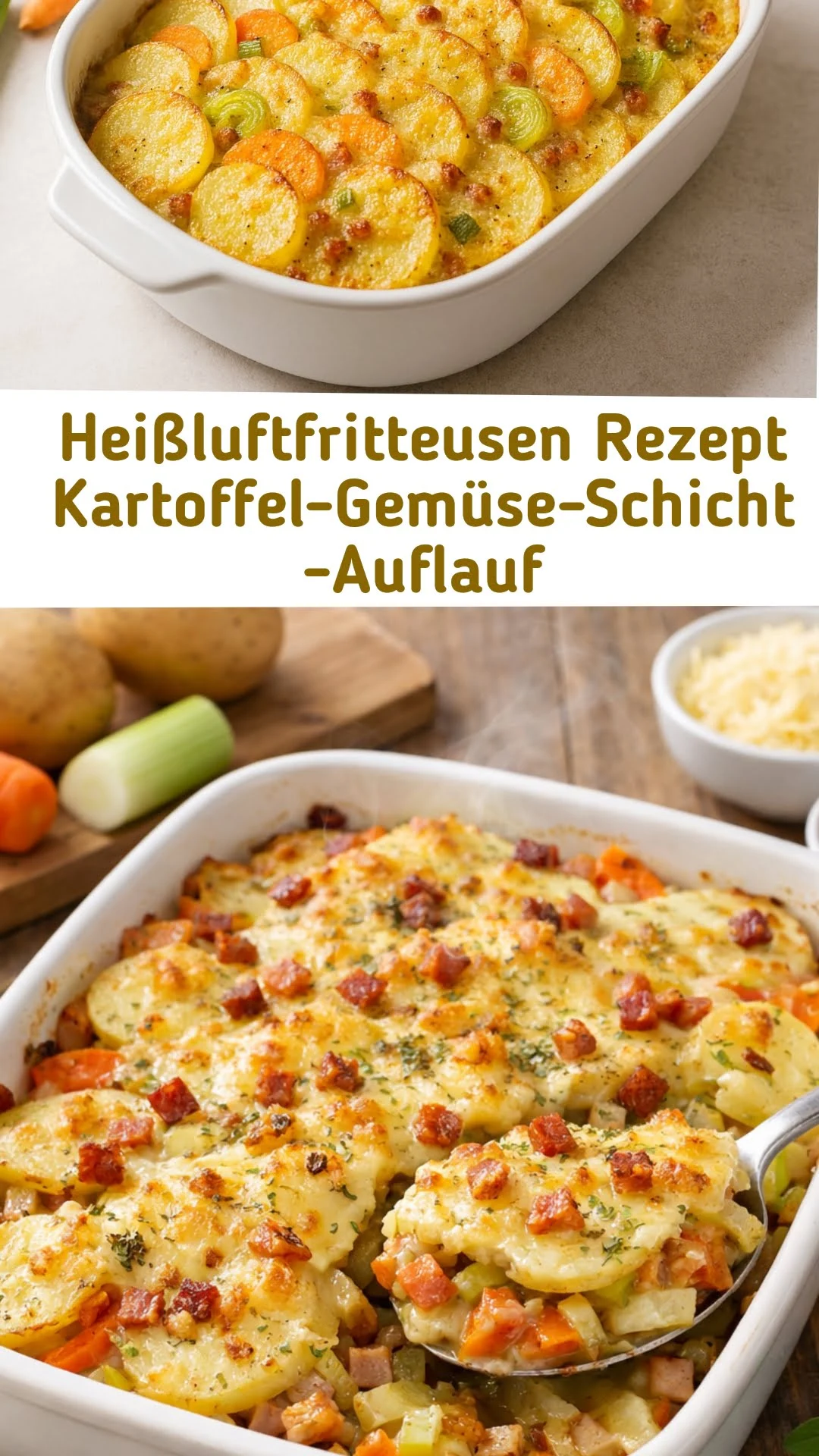 Appetitliche Draufsicht auf Kartoffel Gemüse Auflauf aus der Heißluftfritteuse – goldbraun und perfekt für Instagram