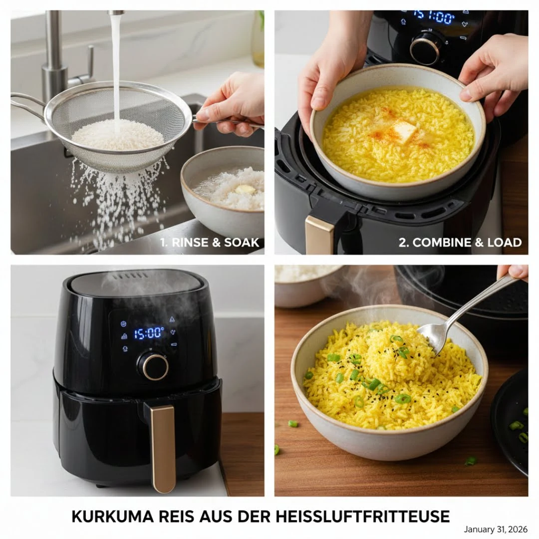 Goldener Kurkuma Reis aus der Heißluftfritteuse perfekt zubereiten  - appetitliches Foto für Stories und Social Media mit leuchtender Farbe und aromatischer Präsentation