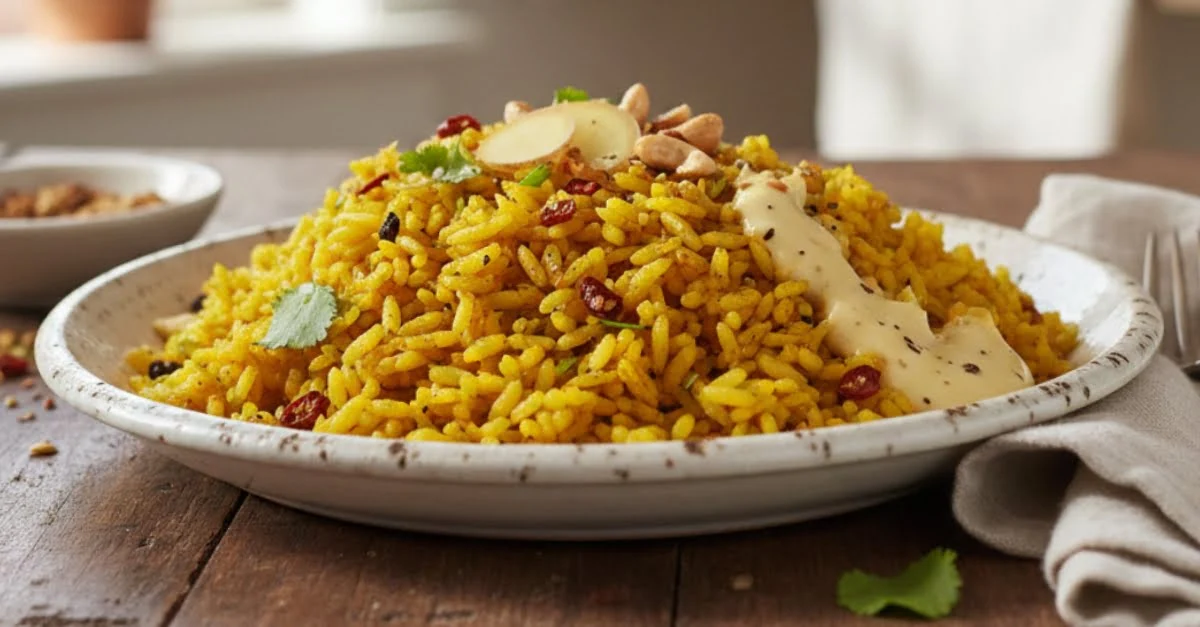 Goldener Kurkuma Reis aus der Heißluftfritteuse perfekt angerichtet auf einem Teller  - appetitliches Foto für Instagram Stories und Social Media mit leuchtender Farbe und aromatischer Präsentation