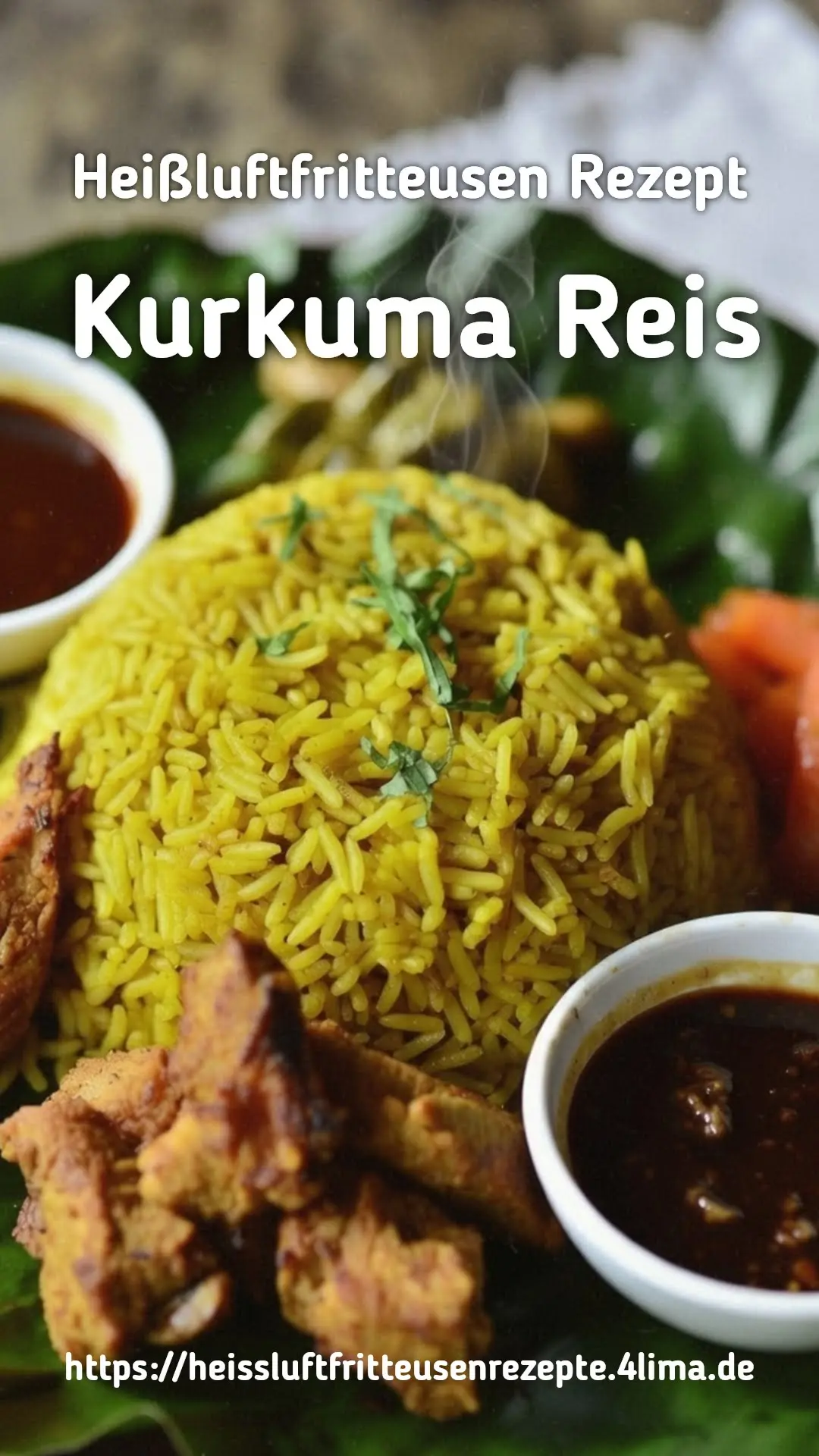 Goldener Kurkuma Reis aus der Heißluftfritteuse perfekt angerichtet - appetitliches Foto für Instagram Stories und Social Media mit leuchtender Farbe und aromatischer Präsentation