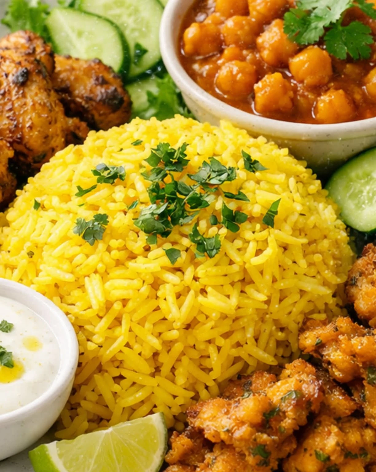 Goldener Kurkuma Reis in der Heißluftfritteuse - appetitlich angerichtete, leuchtend gelbe Reisbeilage mit aromatischem Duft