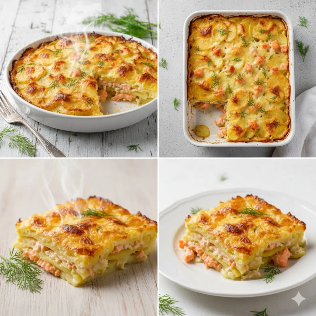Cremiger Lauch-Kartoffel-Auflauf mit Lachs und Käse aus der Heißluftfritteuse Ziubereitung, goldbraun überbacken