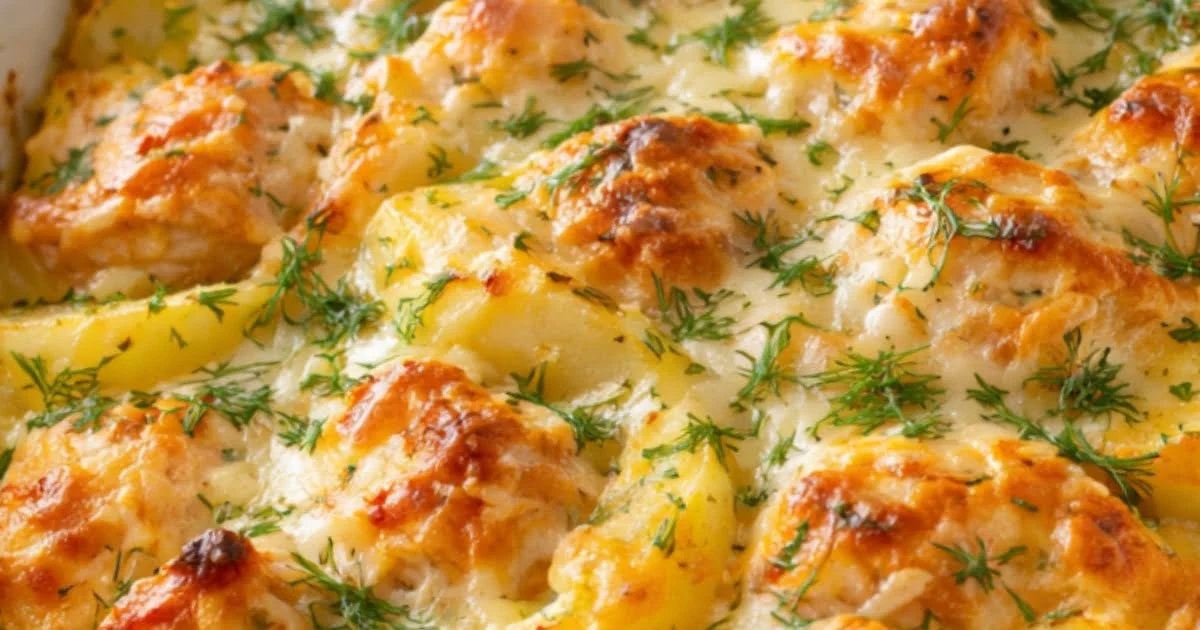 Cremiger Lauch-Kartoffel-Auflauf mit Lachs und Käse aus der Heißluftfritteuse, goldbraun überbacken