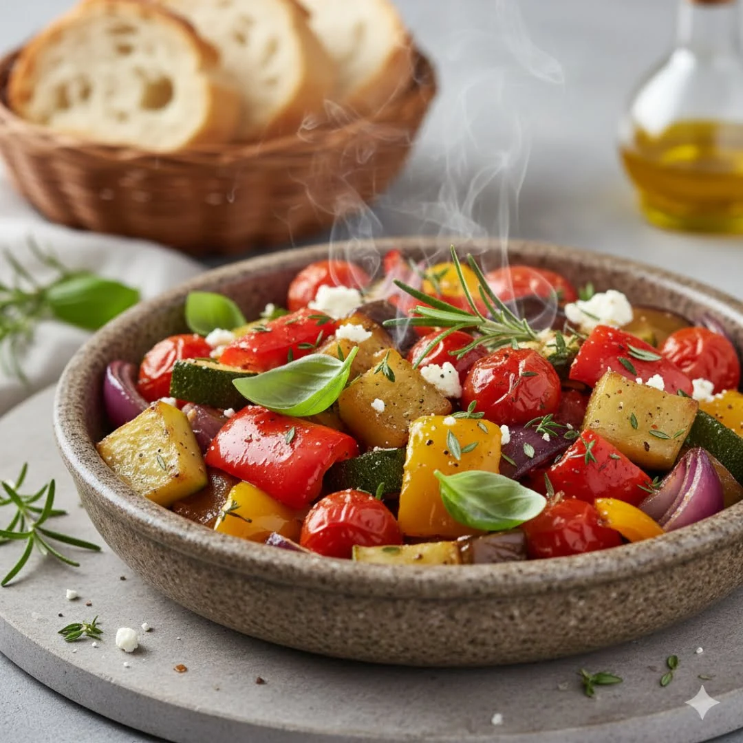 Mediterranes-Gemuese aus der Heißluftfritteuse auf einem Teller serviert