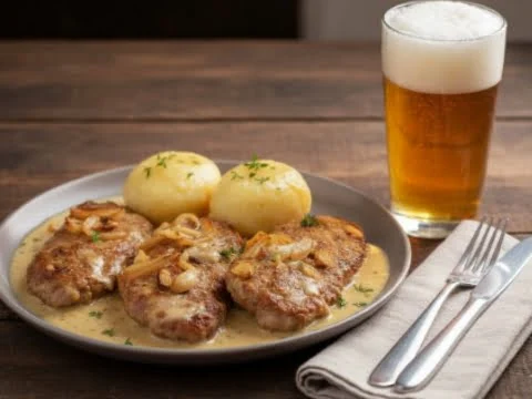 Pfarrerschnitzel mit Knoblauch-Zwiebel-Sauce aus der Heißluftfritteuse – goldbraun geschmort