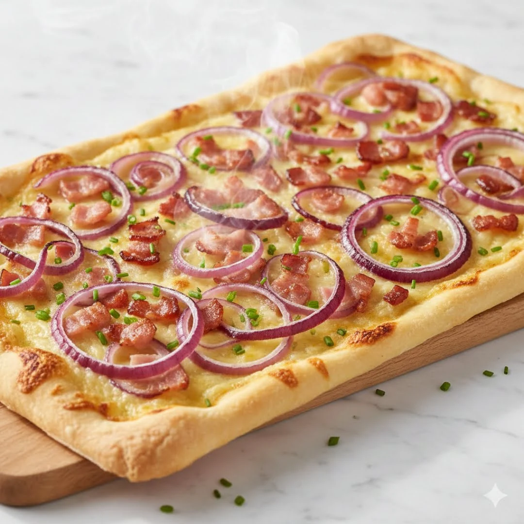 Flammkuchen, zubereitet in der Heißluftfritteuse