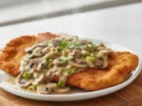 Schnitzel mit Champignon-Porree-Sauce aus der Heißluftfritteuse – goldbraun und cremig