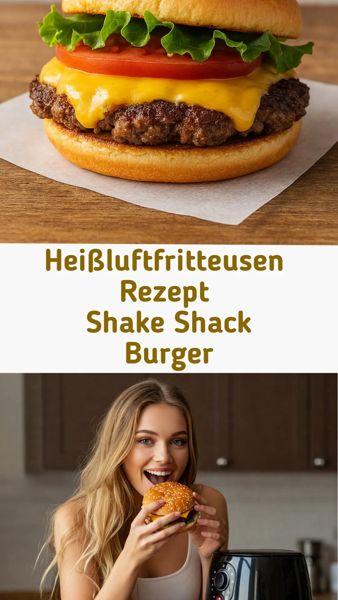 Appetitlicher Shake Shack Burger aus der Heißluftfritteuse – goldbraun gebratenes Patty mit geschmolzenem Cheddar-Käse, frischem Salat und Tomaten auf einem getoasteten Kartoffelbrötchen, perfekt für Instagram