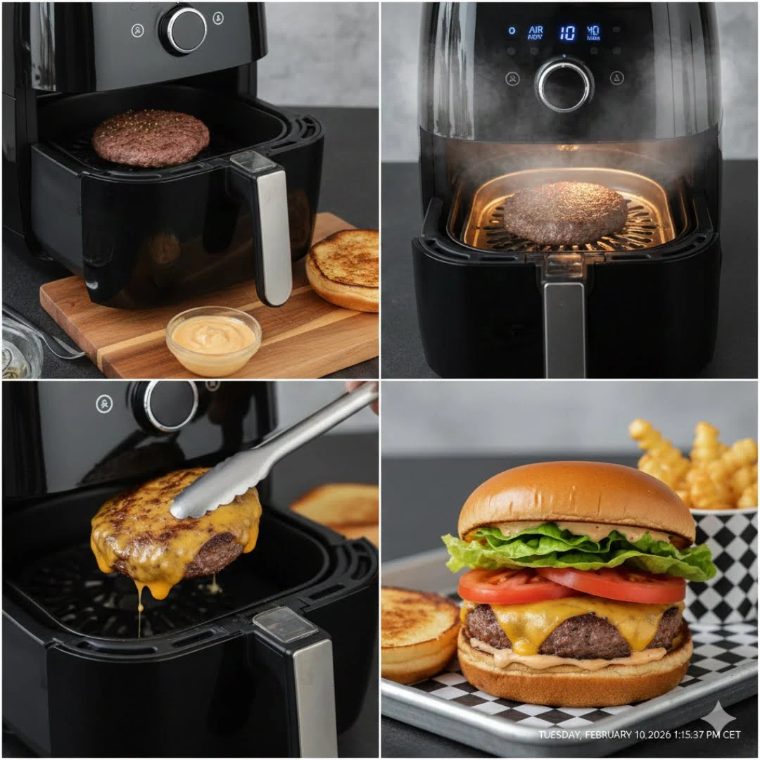 Zubereitungsschritte für den Burger in der Heißluftfritteuse