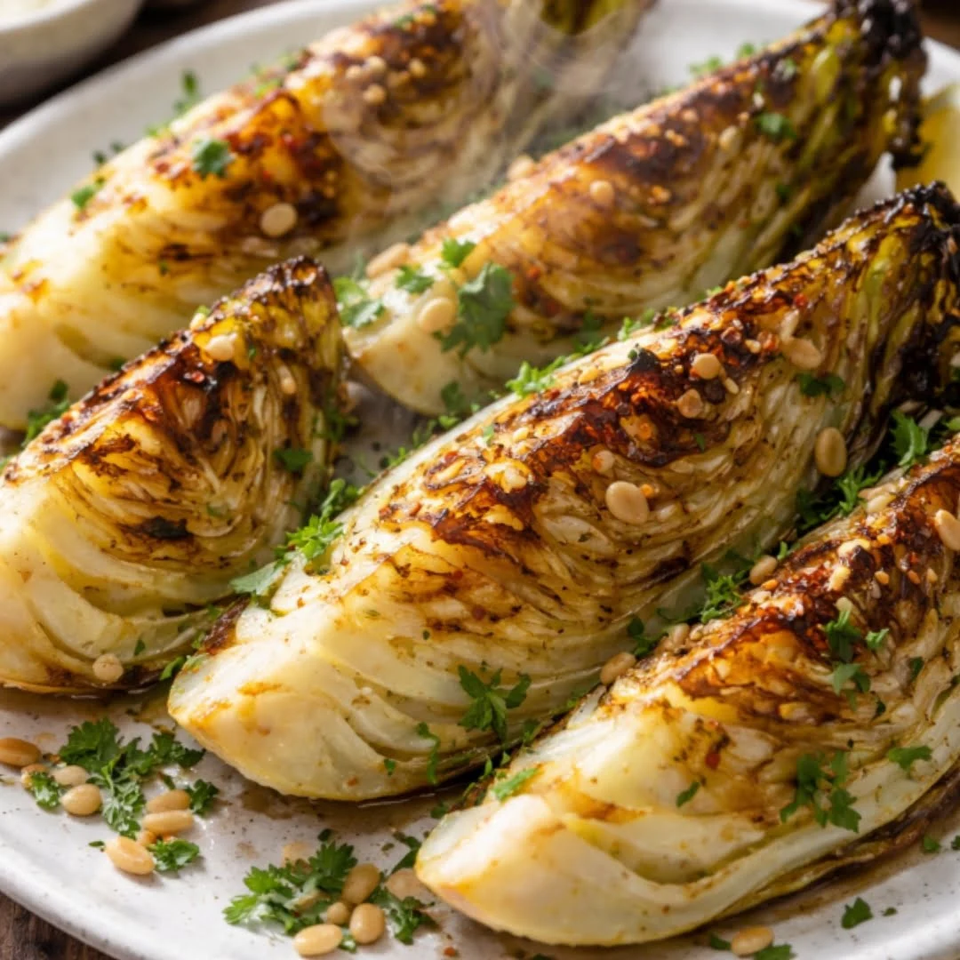 Knusprige Spitzkohlspalten aus der Heißluftfritteuse auf einem Teller serviert