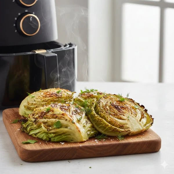 Gerösteter Spitzkohl, zubereitet in der Heißluftfritteuse auf einem Brett angerichtet