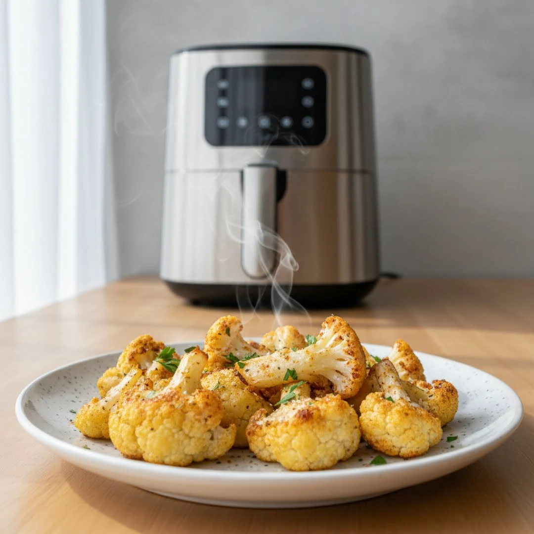 Knusprige Blumenkohlröschen aus der Heißluftfritteuse auf einem Teller serviert