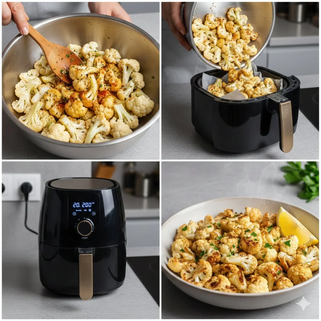 unpanierter Blumenkohl, zubereitet in der Heißluftfritteuse