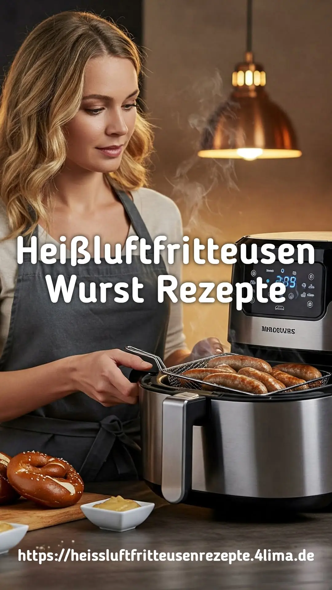 Frau präsentiert appetitliche Bratwurst aus der Heißluftfritteuse - perfekt für Instagram Stories und Social Media Posts