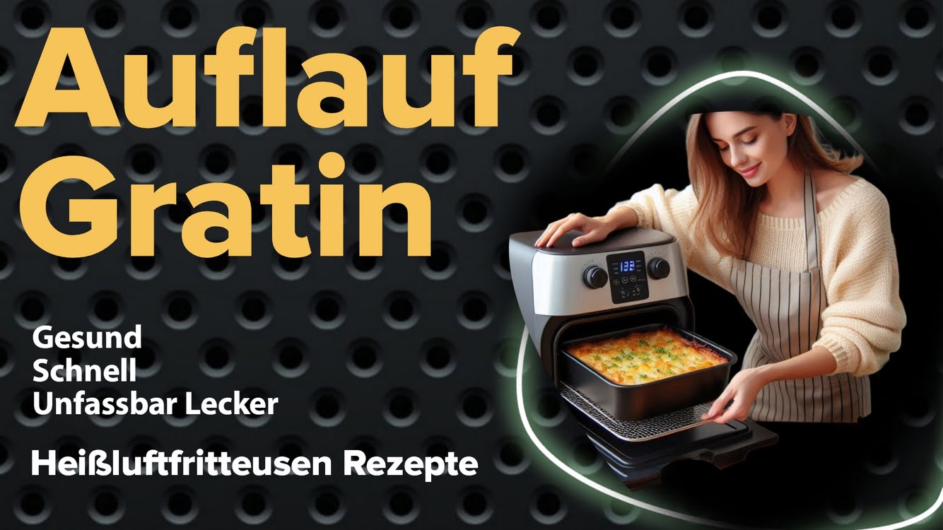  In der Küche zaubert eine Frau ein köstliches Auflauf-Gratin in der Heißluftfritteuse. 