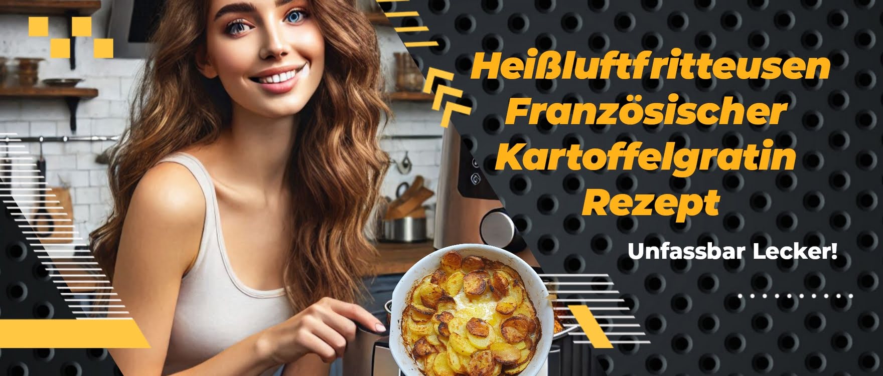 Deutscher Bauernauflauf aus der Heißluftfritteuse, serviert auf einem rustikalen Tisch mit frischen Zutaten.