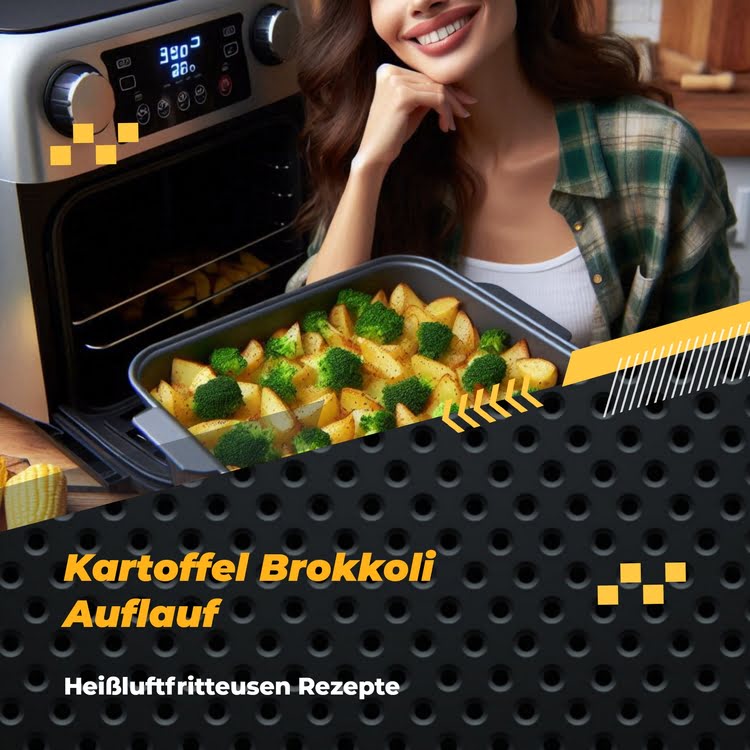 Knuspriger Kartoffel-Brokkoli-Auflauf aus der Heißluftfritteuse, ideal für ein schnelles und gesundes Gericht.