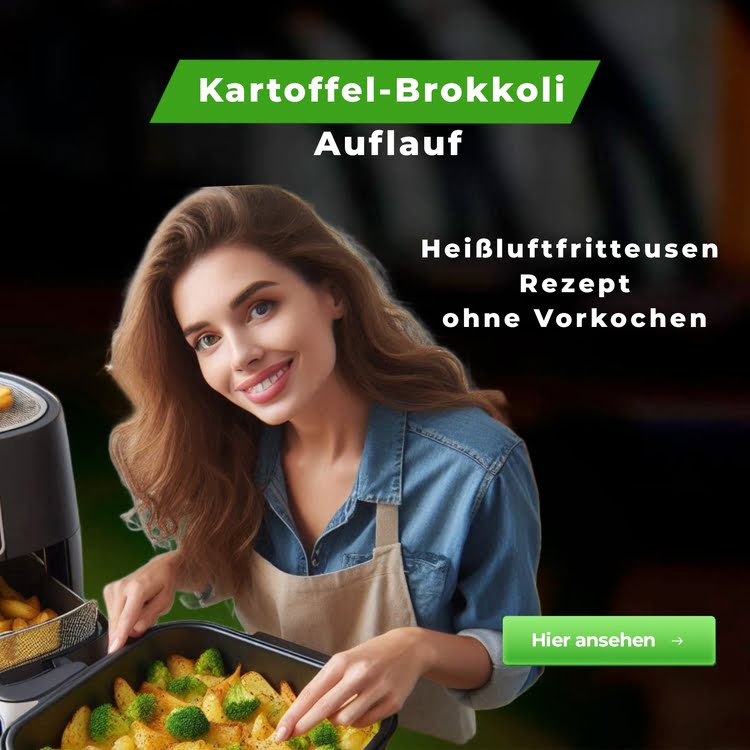 Weißes grüne Auflaufform mit einem Kartoffel-Brokkoli-Auflauf, der Brokkoli und Käse enthält.