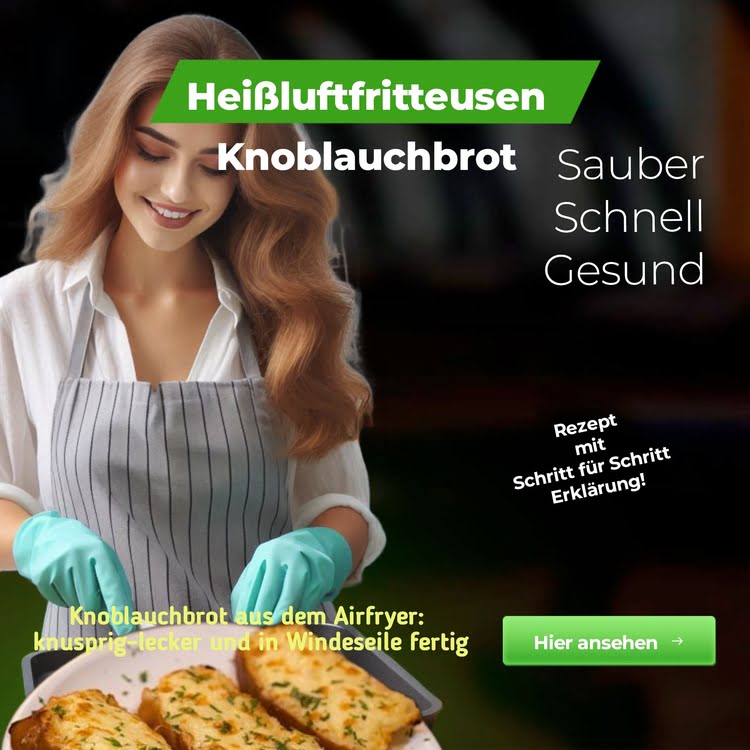 Eine Frau trägt eine Schürze und hält ein Tablett mit köstlichem Knoblauchbrot, zubereitet in der Heißluftfritteuse.