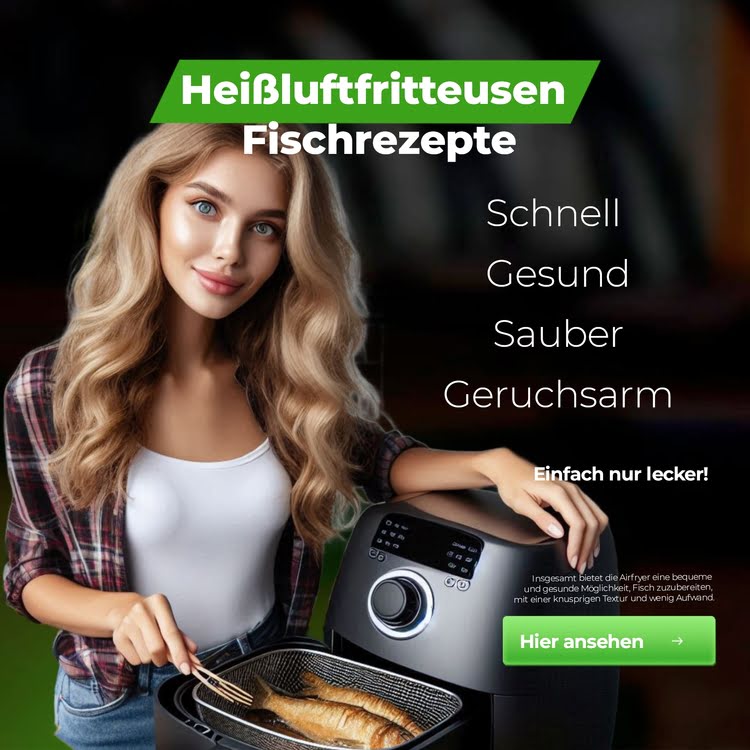 Frau bereitet Fisch in der Heißluftfritteuse zu, gesund und geruchsarm, für eine schnelle Mahlzeit.