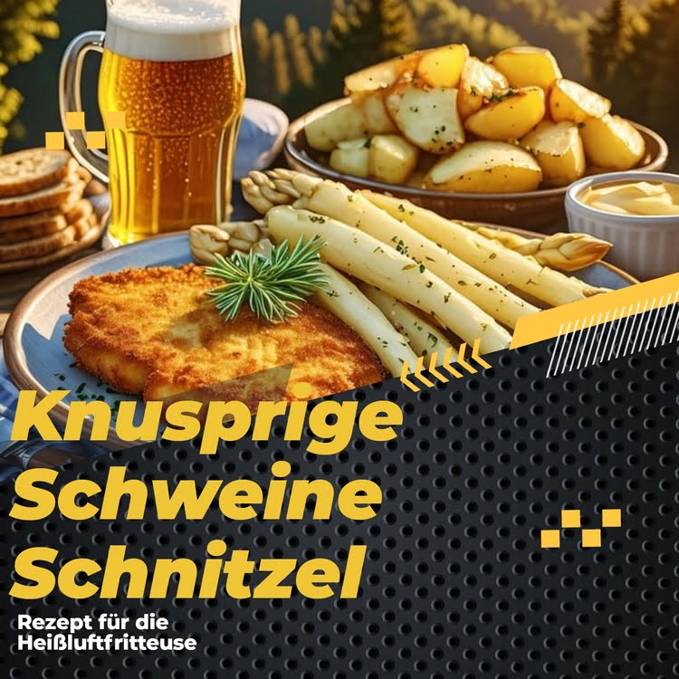  Krosse Schweineschnitzel auf einem Teller, umgeben von frischen Beilagen und einer ansprechenden Präsentation. 