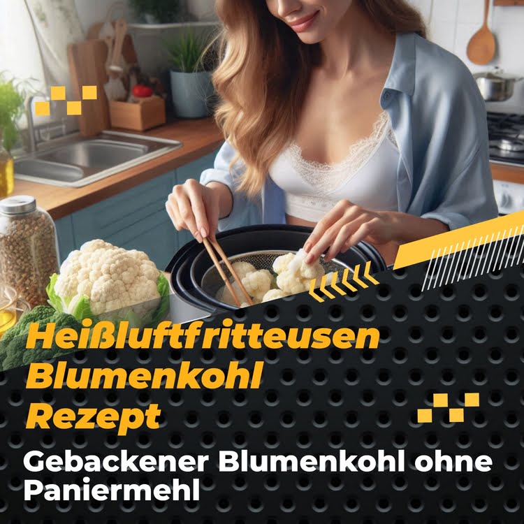 Frau zeigt, wie man gebackenen Blumenkohl im Airfryer zubereitet – ein leckeres Rezept für die Heißluftfritteuse.