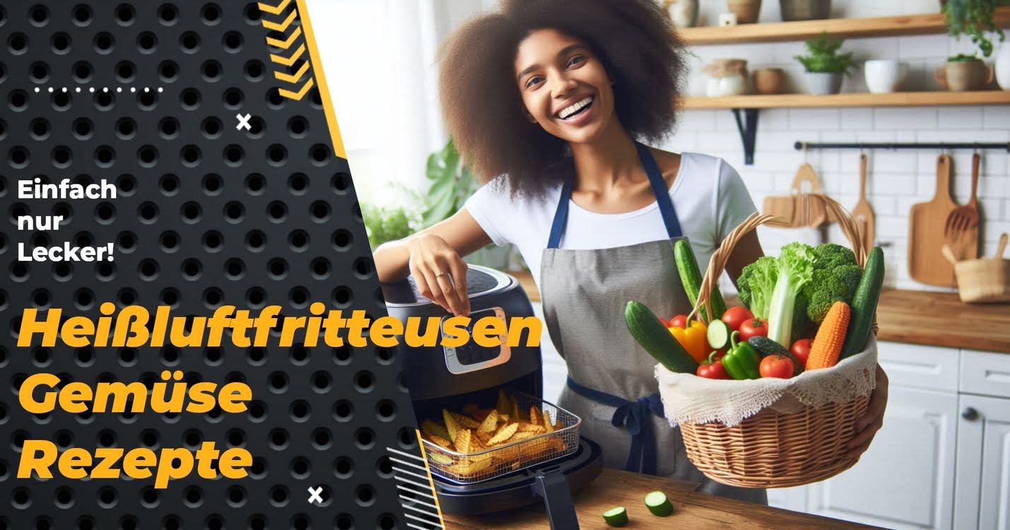 Eine Frau hält einen Gemüsekorb, während sie Airfryer-Gemüse-Rezepte präsentiert.