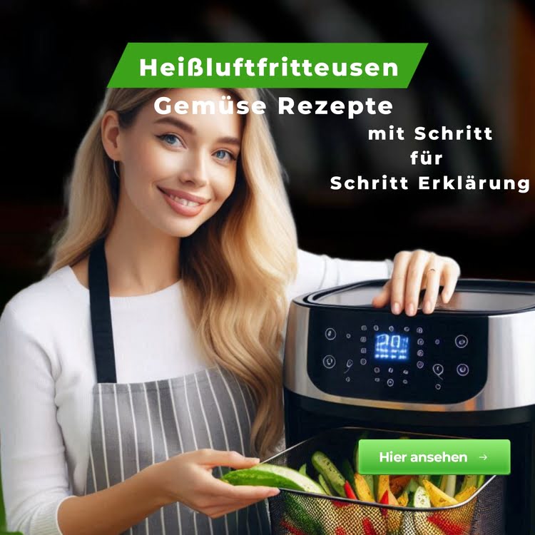 Frau zeigt gesunde Gemüsegerichte aus der Heißluftfritteuse in der Küche.