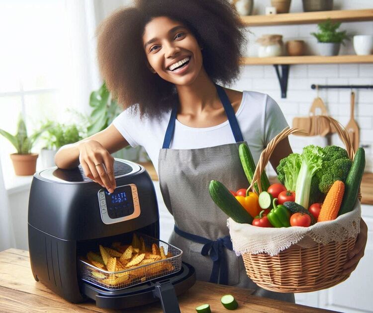  Frau mit Korb zeigt die Kartoffeln in der Airfryer