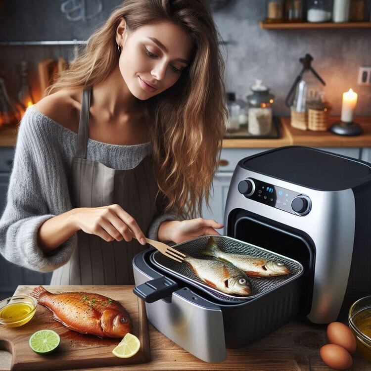   Eine Frau bereitet Fisch in einer Heißluftfritteuse zu und zeigt Kochkünste.