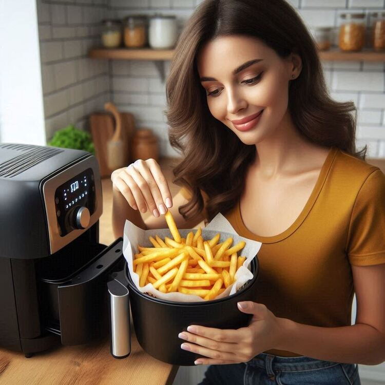  Eine Frau bereitet Pommes frites in einer Heißluftfritteuse zur.