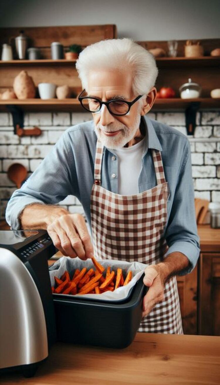  älterer Mann arbeitet mit der Heißluftfritteuse