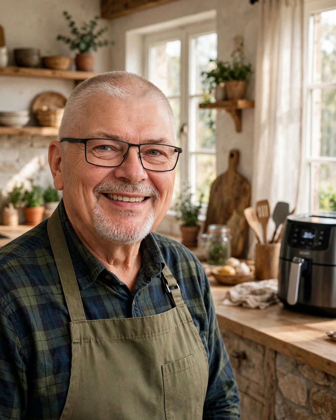 Ludger Zimmermann, genannt Opa, in seiner Küche neben dem Airfryer – Opa Kocht, über 500 getestete Airfryer-Rezepte
