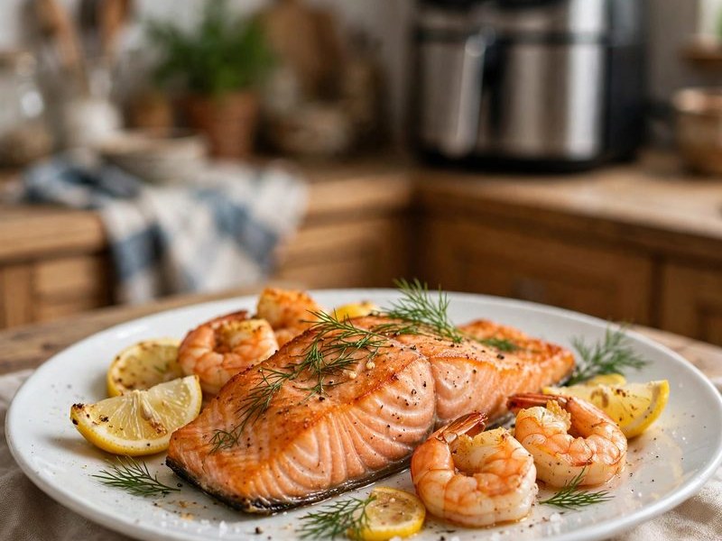 Fisch und Meeresfrüchte aus dem Airfryer – Lachs und Garnelen