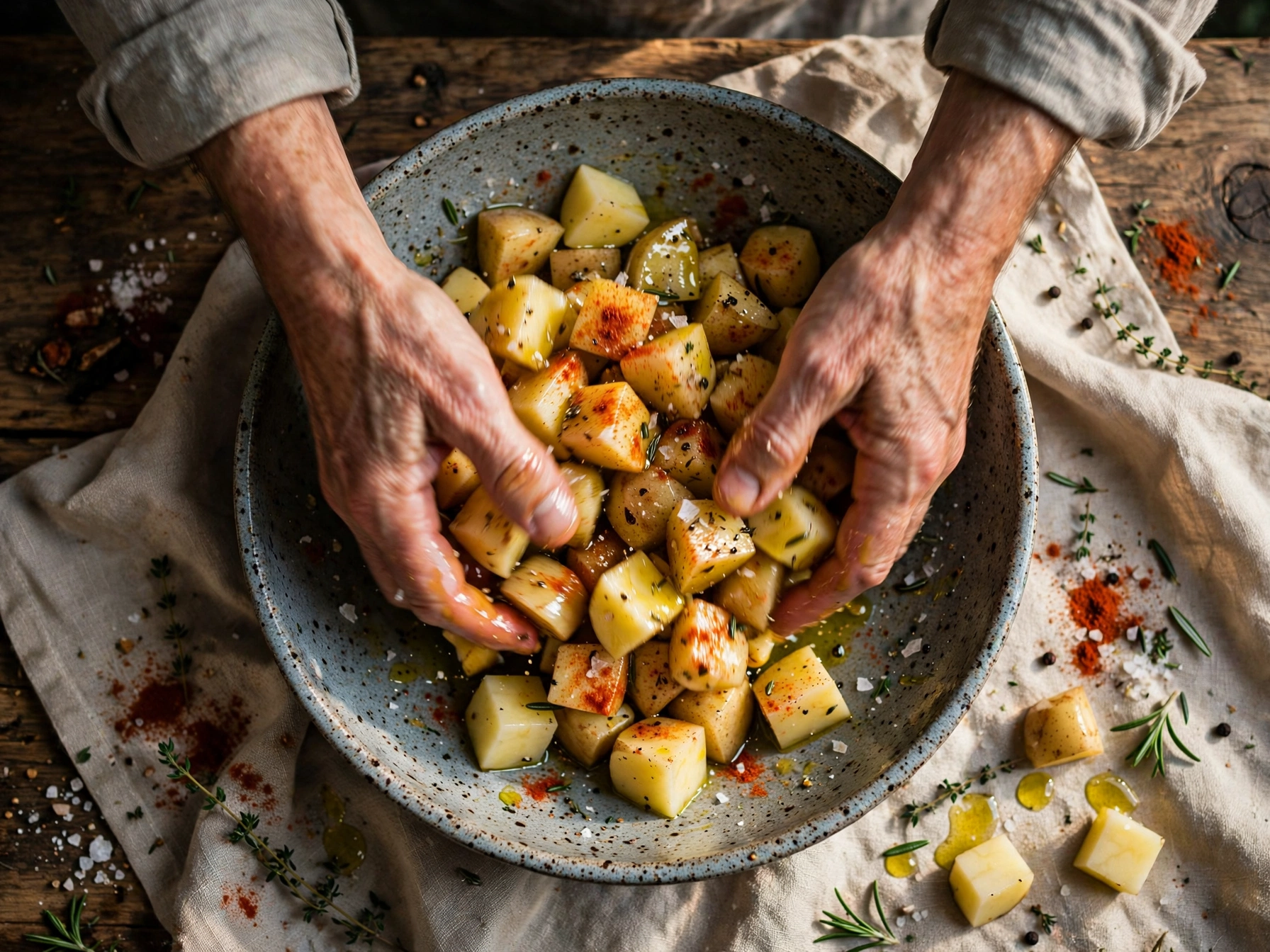 Kartoffelstücke werden in einer Schüssel mit Olivenöl und Gewürzen vermengt